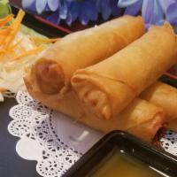  Egg Rolls · Crispy rolls stuffed with glass noodles, carrots, mushrooms, cabbage, celery and served with...