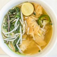Wonton Soup · Shrimp and pork, contains sesame oil, green onions, cilantro, and baby bok choy.