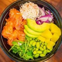 Salmon Bowl · Lomi Lomi Salmon, edamame, mango, crab salad, sweet onion, avocado, cilantro, and ponzu fresh.