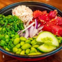 Classic Bowl · Original tuna, green onion, sweet onion, seaweed salad, cucumber, edamame, crab salad, and o...