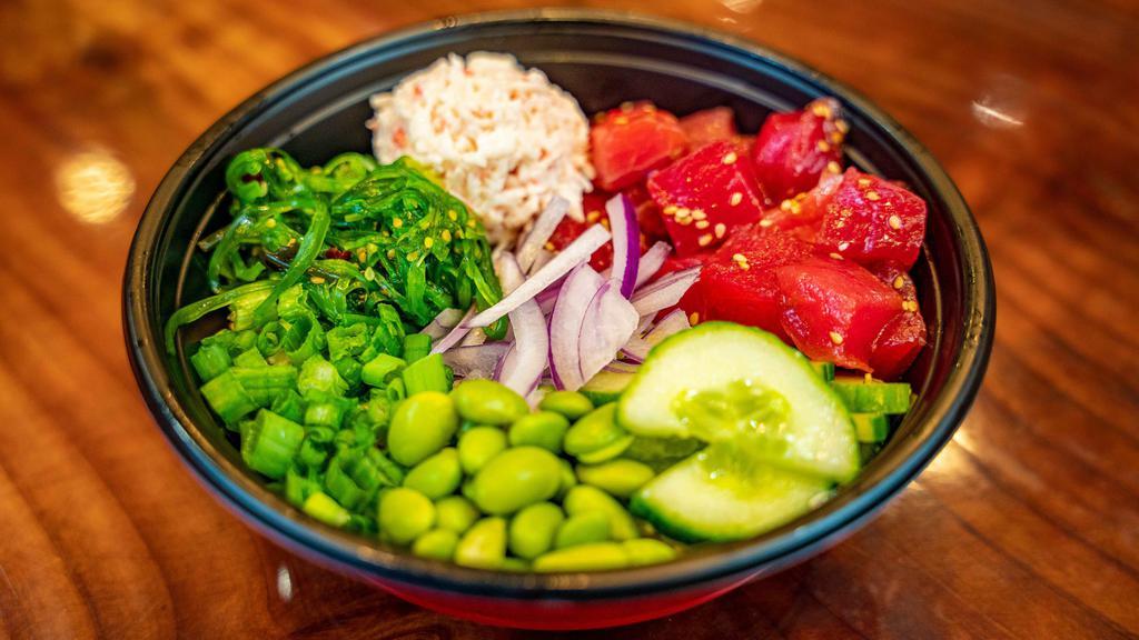 Classic Bowl · Original tuna, green onion, sweet onion, seaweed salad, cucumber, edamame, crab salad, and original poke sauce.