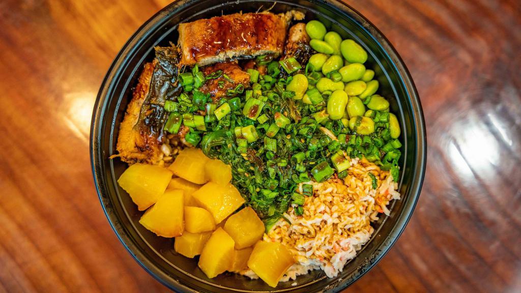 Unagi Bowl · Unagi, crab salad, edamame, seaweed salad, green onion, pickled radish, and eel sauce.
