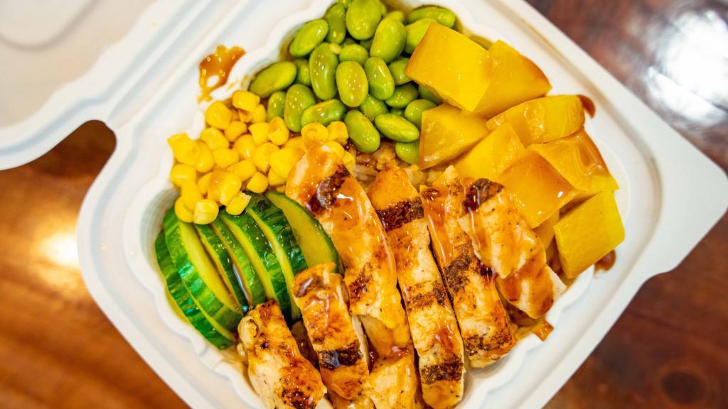 Kids Meal · Chicken, edamame, corn, pickled radish, cucumber, and teriyaki sauce.