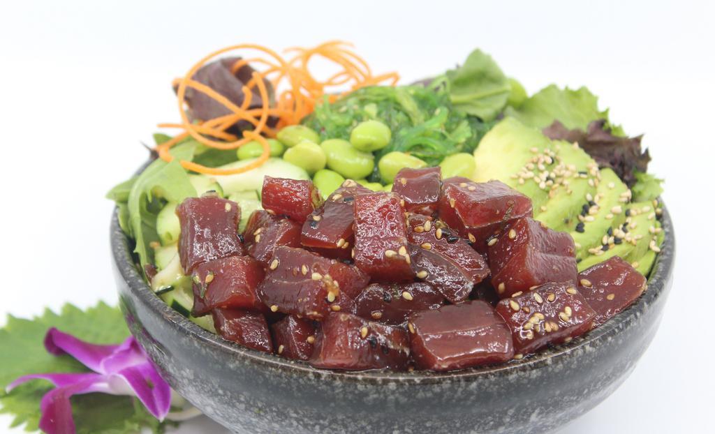 Poké Ahi Tuna Salad Bowl · Choice of protein with salad base, pickled cucumber, avocado, carrot, red cabbage, edamame, sweet corn and seaweed salad. Contains raw fish.
