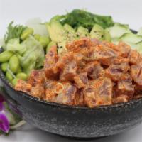 Spicy Ahi Tuna Salad Bowl · Choice of protein with salad base, pickled cucumber, avocado, carrot, red cabbage, edamame, ...