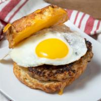 Egg, Sausage & Cheese · Local cage-free egg, Tillamook cheese, and an Uli’s chicken and an apple sausage patty on a ...