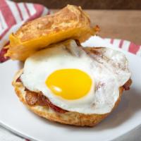 Egg, Bacon & Cheese · Local cage-free egg, Tillamook cheese, and bacon on a house made Butte hole biscuit.