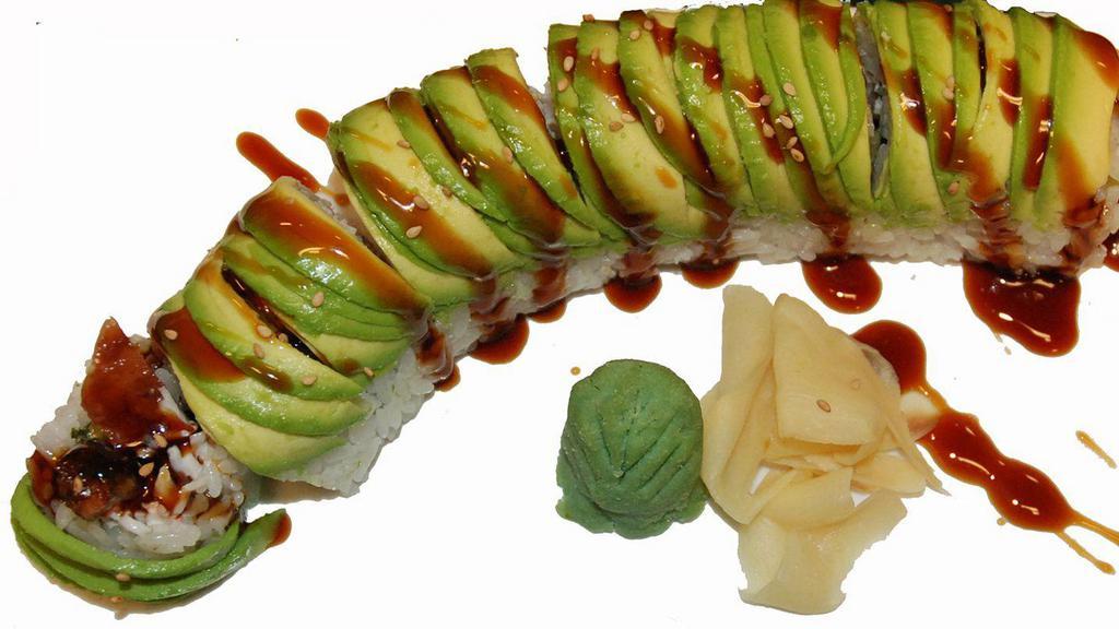 Caterpillar Roll · Inside: fresh water eel mixed crab and cucumber Outside: slice avocado, sushi sauce and sesame seeds
