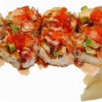 Hawaiian Roll · California roll topped with mixed seafood, chopped avocado, spicy mayo, sushi sauce, wasabi ...