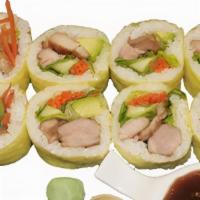 Chicken Teriyaki Roll · Inside: chicken teriyaki, lettuce, avocado, cucumber Outside: soy paper