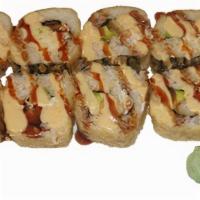 Tempura Shrimp Roll · Tempura shrimp, crab mix, avocado, deep fried the roll topped with spicy mayo and sushi sauce
