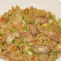 Chicken Fried Rice · Sliced chicken, egg, pea, rice and carrot/green onion