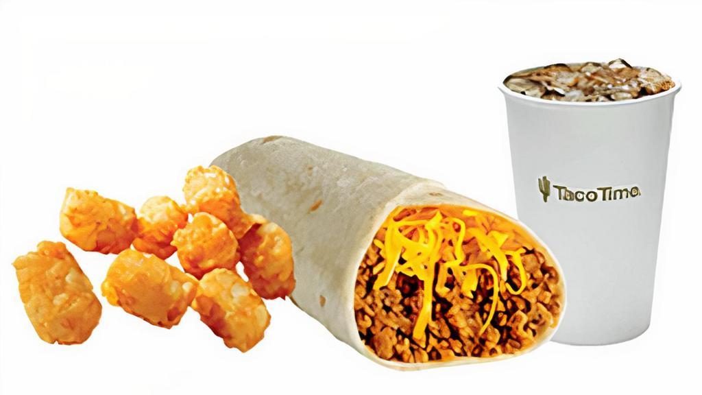 Kids Soft Burrito Meal · A Kids Soft Burrito with a small order of Tater-Fries, rice or beans and a small soft drink, Milk or Apple Juice.