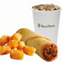 Kids Crisp Burrito Meal · A Kids Crisp Burrito with a small order of Tater-Fries, rice or beans and a small soft drink...