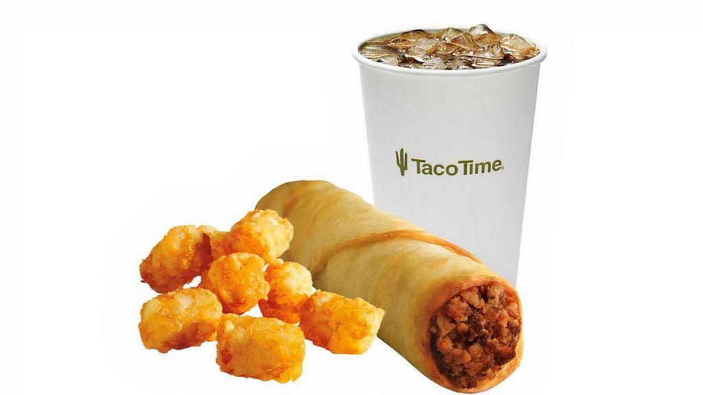Kids Crisp Burrito Meal · A Kids Crisp Burrito with a small order of Tater-Fries, rice or beans and a small soft drink, milk or apple juice.
