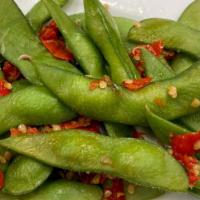 Angry Edamame · steamed soybean pods seasoned with sea salt and fresh chilli