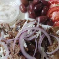 Meat Platter · Gyro meat, sliced grilled pork, beefteki (Greek meatballs), tomatoes, feta, olives, cucumber...