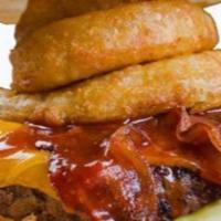 Western Bacon Burger · Fresh grilled ground chuck patty, topped with our house BBQ sauce, applewood bacon, cheddar ...