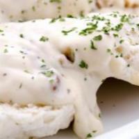 Half Buttermilk Biscuits & Gravy · Served with house made country gravy, Half Order 2 Biscuits