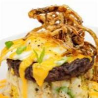 Hendertucky Moco Loco · Grilled Angus steak patty, chicken fried rice, house-made gravy, fried eggs and spicy aioli ...
