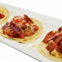 Hangover Street Tacos · Scrambled Eggs, melted cheddar-jack cheese, applewood bacon, pico de gallo and corn tortilla...