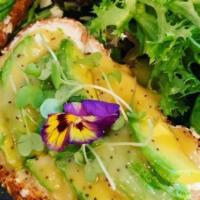 Avocado Toast · Multigrain toast with fresh avocado and ricotta cheese. Salad with Italian dressing.