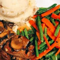 Steak Diane · Three filet medallions lightly seasoned and cooked to your liking and
 covered with a rich m...