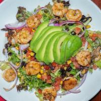 Shrimp & Avocado Salad · Fresh spring mixed lettuce, black bean and corn relish, diced tomatoes and sweet red onions ...