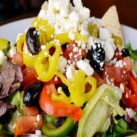 Mediterranean Pita Salad · Fresh salad mix, kalamata olives, red onion, red & green pepper, pepperoncini, tomatoes, and...