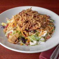Bbq Chicken Salad · Fresh romaine lettuce, tomatoes, fire roasted corn mix, and mixed cheese tossed in a creamy ...