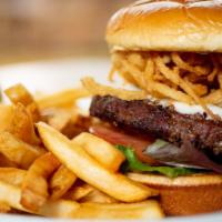 Bistro Burger · Certified Angus beef burger seasoned with cracked black pepper and topped with creamy blue c...