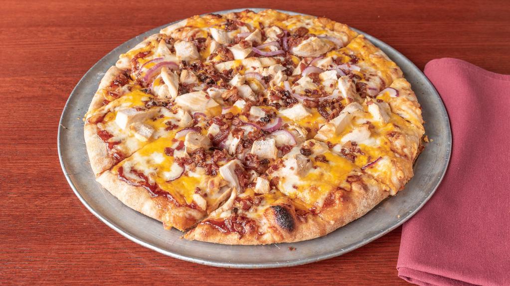  Bbq Chicken Pizza (12 Inch) · Our  traditional 12 inch thin crust,  topped with Anyway’s special BBQ sauce, grilled chicken, bacon, red onions, jack, cheddar, & mozzarella cheese.