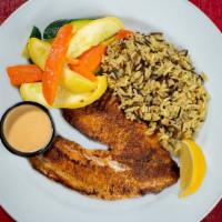 Blackened Tilapia · Tilapia seasoned with Cajun spices, blackened in an iron skillet, and served with citrus chi...
