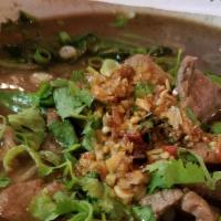 Boat Noodle Soup · Native Thai style beef noodle in thick flavored soup with scallion, cilantro,  spinach,bean ...