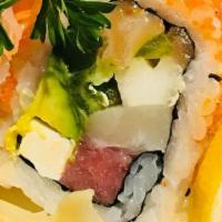 Delight Roll · Inside out. Tuna, salmon, yellowtail, cucumber, scallion, avocado, asparagus, cream cheese, ...