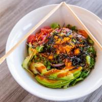 Korean Hwedupbap Poke Bowl · Tuna, salmon, spring mix, lettuce, seaweed salad, cucumber, carrot, avocado, green onions, r...