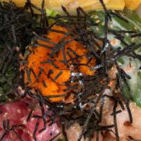 Hiyashi Udon Poke Bowl · Tuna, shrimp, lettuce, cucumber, seaweed, salad, avocado, carrot, tamago, masago, sesame see...