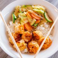 Shrimp Shoyu Bowl · Shrimp cooked in creamy shoyu drizzled by sesame seed served with side of veggie.