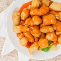Sweet & Sour Chicken甜酸鸡 · Served with White Rice & Sweet Sour Sauce on the side