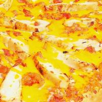 Large Chicken Bbq Pizza · Grilled chicken, BBQ sauce, onions, bacon, and mozzarella cheese topped with cheddar cheese.