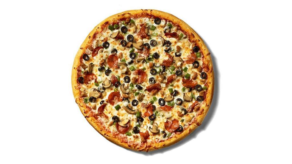 Supreme Pizza · Our Supreme Pizza starts with classic marinara and is piled with pepperoni, mild sausage, beef, green peppers, onions, mushrooms and black olives. Order pizza for delivery or pickup!