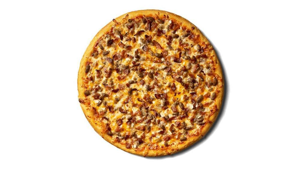 Bacon Cheeseburger Pizza · Our Bacon Cheeseburger Pizza starts with a ketchup and mustard sauce and is topped with beef, bacon, onions, and mozzarella and cheddar cheese. Order pizza for delivery or pickup!