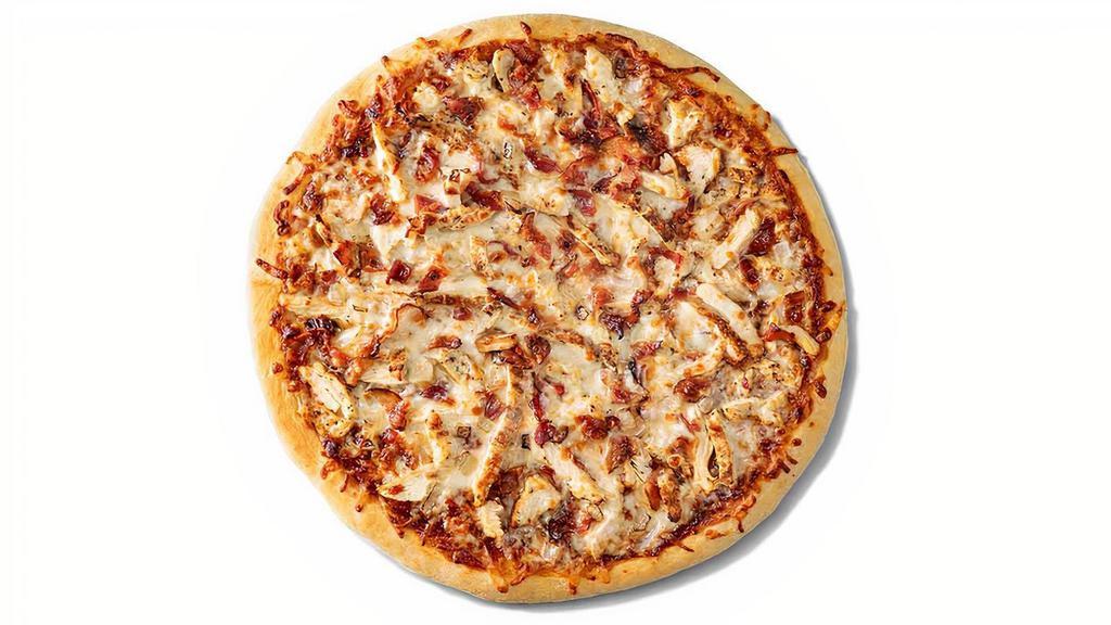 Bbq Chicken Pizza · Our BBQ Chicken pizza starts with our BBQ sauce and is topped with grilled chicken, smoked bacon, onion and our real mozzarella cheese. Chef's Tip - Add banana peppers for the ultimate BBQ experience!