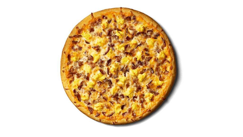 Bacon Breakfast Pizza · Our Bacon Breakfast Pizza starts with cheese sauce or sausage gravy and topped with scrambled eggs, crispy bacon, and mozzarella and cheddar cheese. Order breakfast pizza for delivery or pickup!