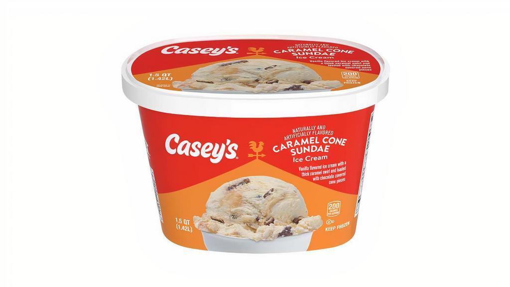 Casey'S Caramel Cone Sundae Ice Cream 1.5Qt  · Caramel + chocolate = the perfect combination! Taste this delicious duo in Casey's Caramel Cone Sundae Ice Cream, featuring a salty caramel swirl in creamy vanilla ice cream and loaded with chocolate covered cone pieces. Available for both delivery and pick up.