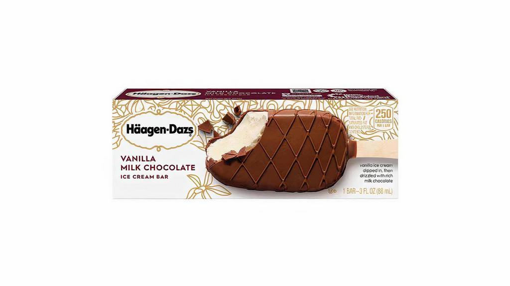 Haagen Dazs Vanilla Milk Chocolate Ice Cream Bar · Pure, sweet vanilla blends with sweet cream to make the incredibly smooth vanilla ice cream. Dipped in a milk chocolate coating and drizzled with fine milk chocolate, it's so thick and delicious you'll find it impossible to resist.