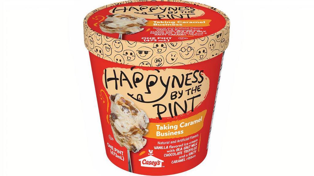 Happyness By The Pint Taking Caramel Business Ice Cream, 16Oz · Happyness by the Pint Taking Caramel Business perfectly combines sweet and salty, featuring a delicious caramel swirl and sea salt milk chocolate truffles throughout vanilla ice cream. Satisfy your sweet tooth and order it for delivery of pick up.
