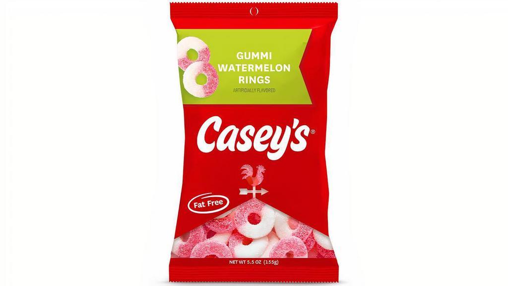 Casey'S Watermelon Rings 5.5Oz · Try these fresh & fruity Casey's Watermelon Gummi Rings for a sweet treat any day. These delicious sugar sanded rings with a watermelon flavor make for the perfect grab-and-go snack. Order for delivery or pick up today!