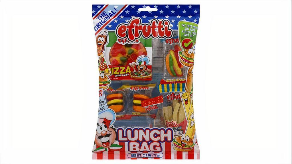 E Frutti Gummi Candy 2.7Oz · This lunch bag contains everything you need for a proper fast food meal: 1x Gummi Pizza, 2x Mini Burgers, 1x Hot Dog, 1x Sour Gummi Fries and 2x Cola Bottles. To share or perhaps to feast on secretly? No matter which, with this amazing lunch bag, you can happily do without lunch room food.
