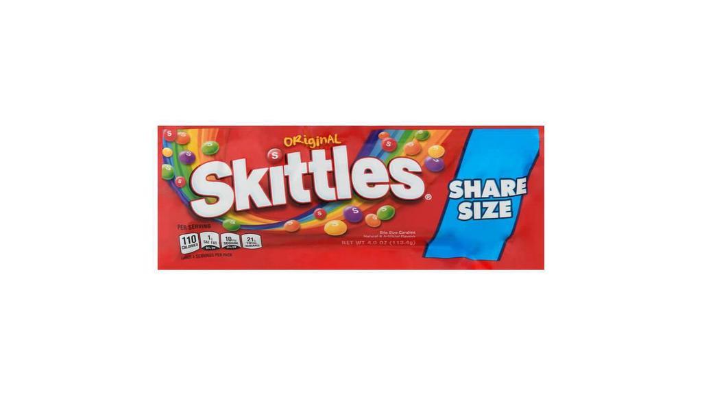 Skittles Original Share Size 4Oz · Share the Rainbow when you stock up on SKITTLES Original Fruity Candy. Enjoy the classic fruity, chewy candy you love for movie night or game night in an easy-to-share pack. Every bulk pack of SKITTLES Original Fruity Candy is filled with classic flavors, including strawberry, orange, grape, lemon and green apple.